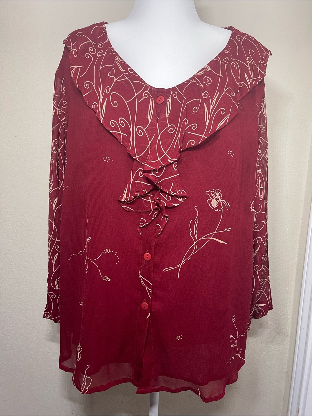 PHOOL Burgundy Floral Ruffle Front Button Blouse 3X/EG